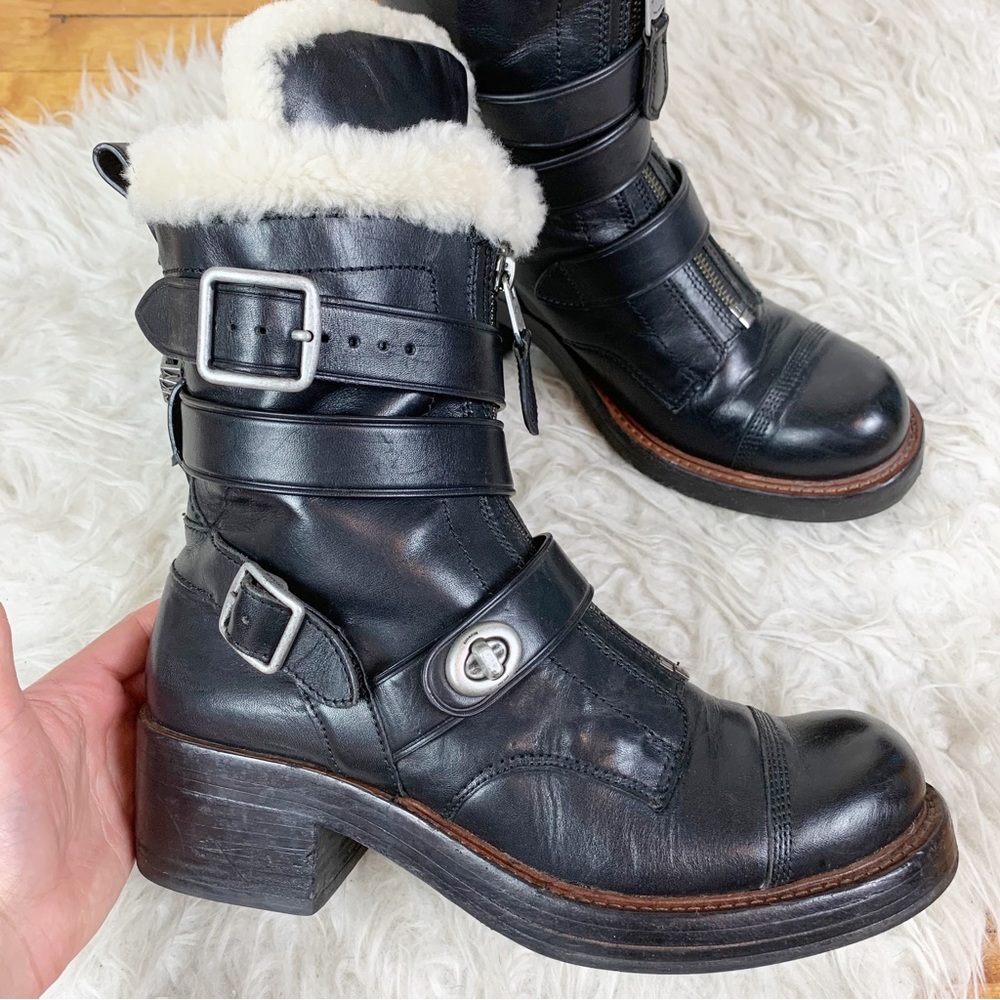 Black Leather Shearling-Trim Combat Boots